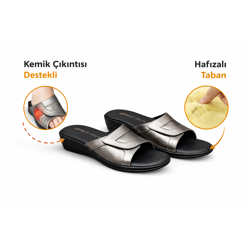 Ceyo 9863-36 Tam Ortopedik Hafızalı Taban Ekstra Yumuşak Cırtlı Kadın Terlik - Platin - 40