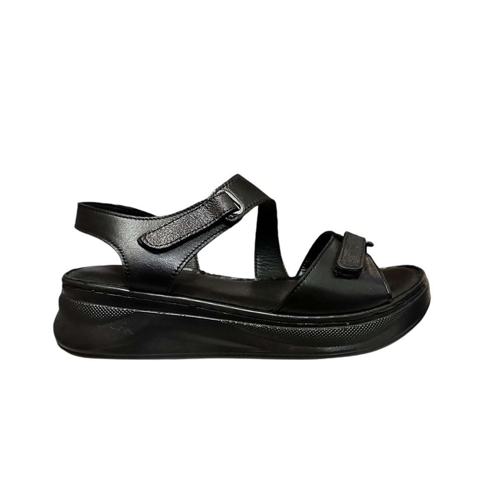 Kristal Kr.35 Anatomik Taban İçi Dışı Hakiki Deri Kalın Tabanlı Kadın Sandalet - Siyah - 40