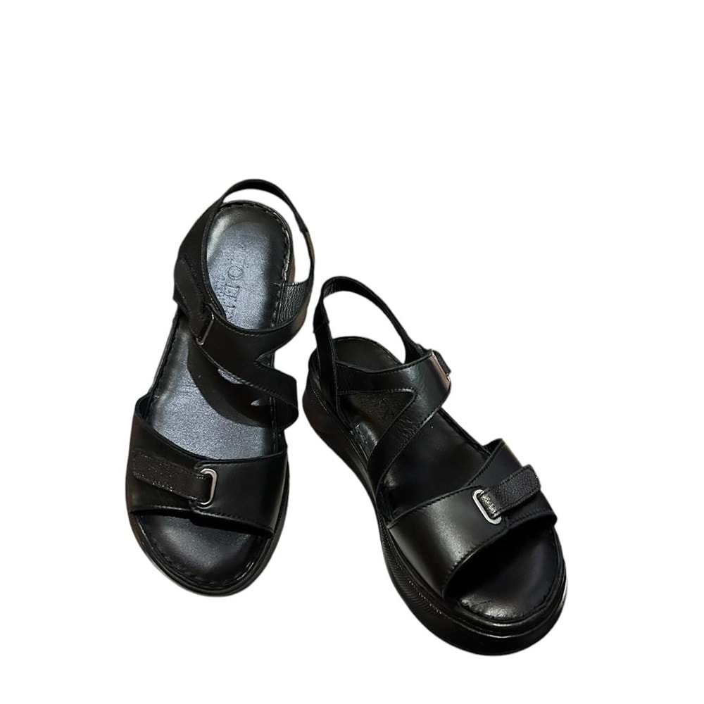 Kristal Kr.35 Anatomik Taban İçi Dışı Hakiki Deri Kalın Tabanlı Kadın Sandalet - Siyah - 40