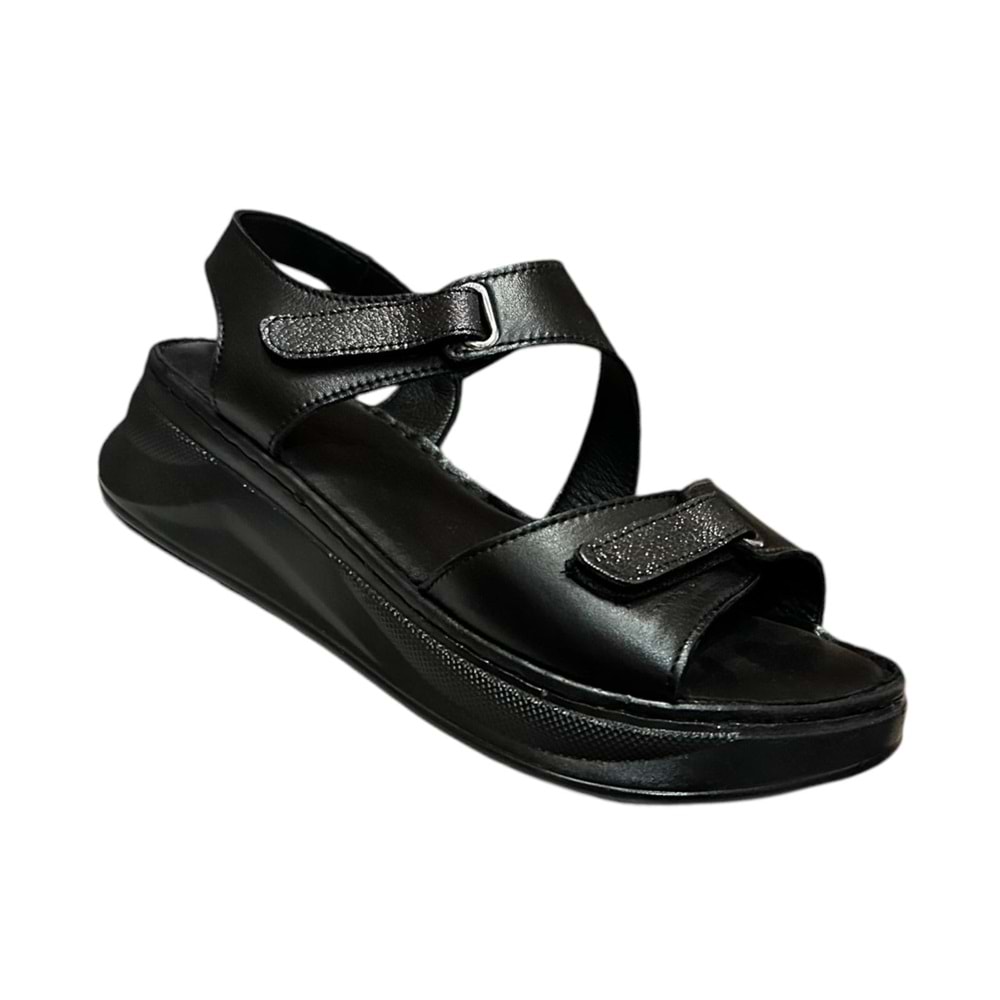 Kristal Kr.35 Anatomik Taban İçi Dışı Hakiki Deri Kalın Tabanlı Kadın Sandalet - Siyah - 40