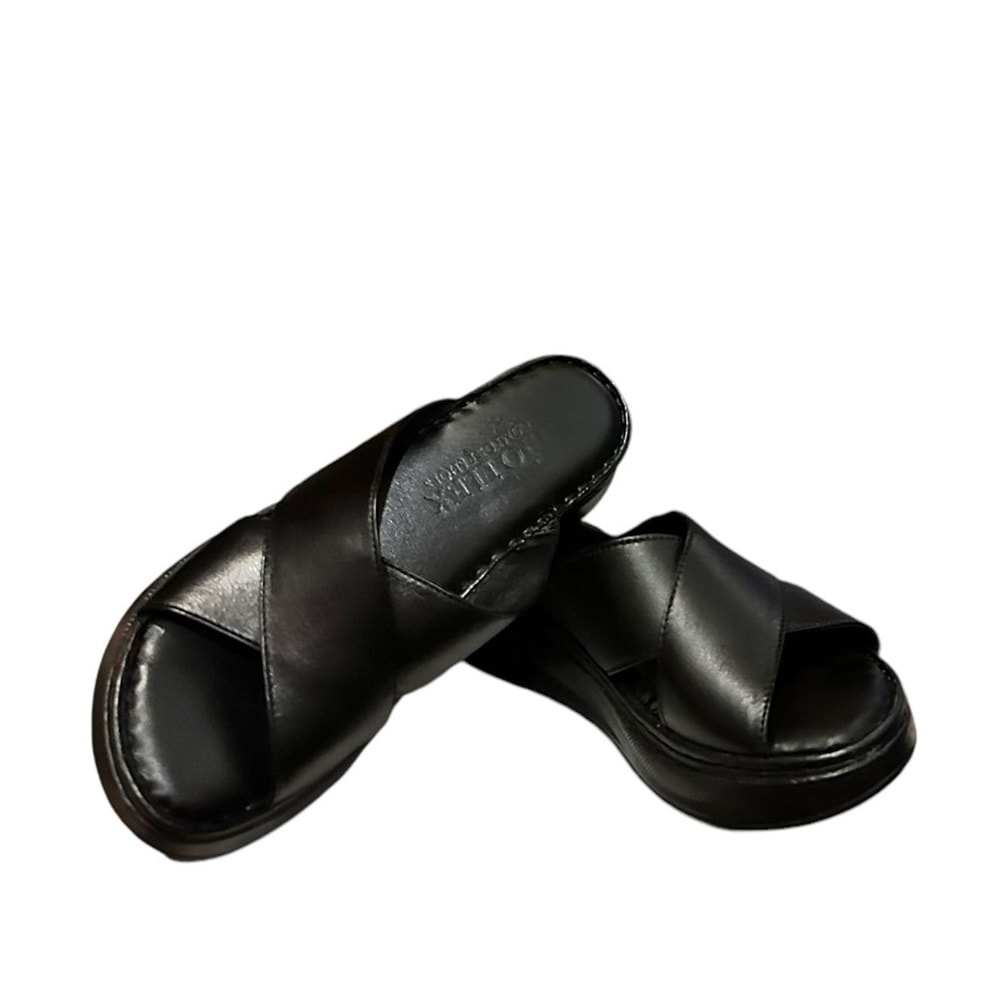 Kristal Kr.44 Anatomik Taban İçi Dışı Hakiki Deri Çapraz Kadın Terlik - Siyah - 36