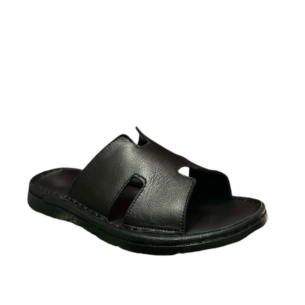 Kristal Kr. 92 Anatomik Taban İçi Dışı Hakiki Deri Hermes Erkek Terlik - Siyah - 40