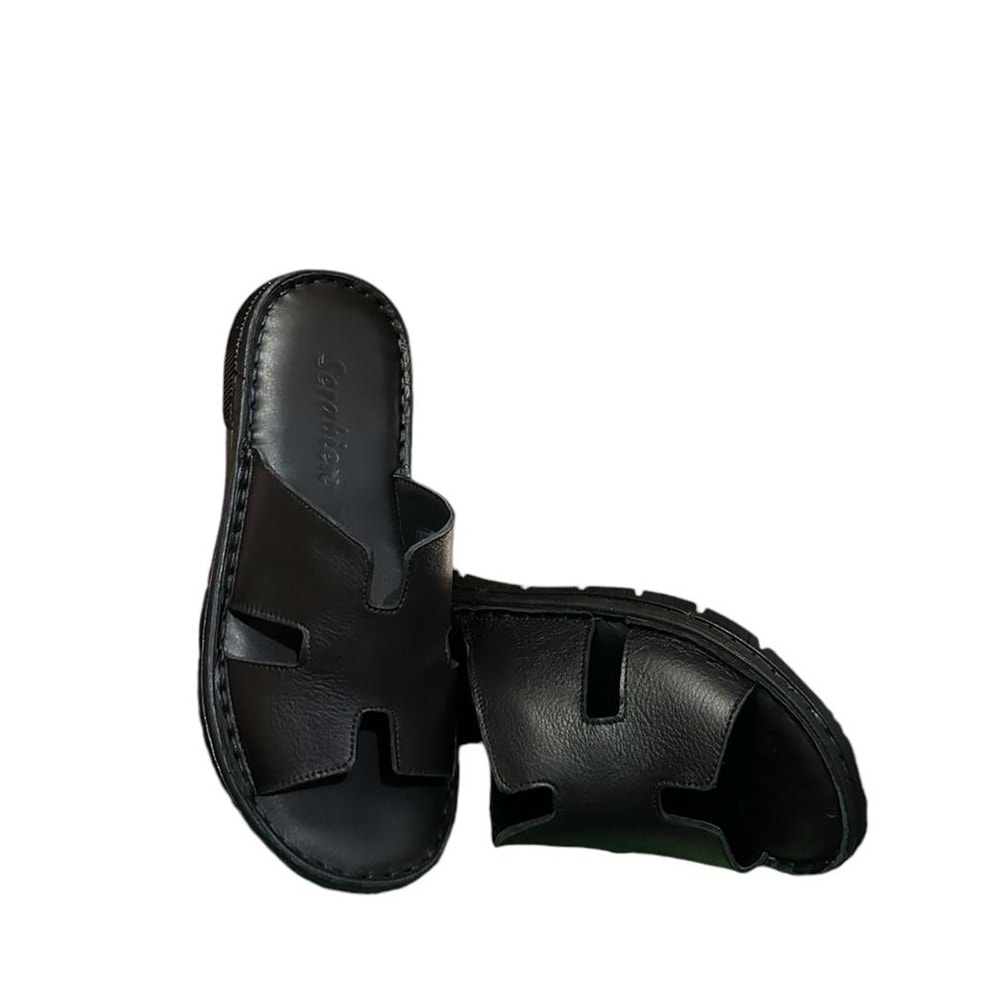 Kristal Kr. 92 Anatomik Taban İçi Dışı Hakiki Deri Hermes Erkek Terlik - Siyah - 40