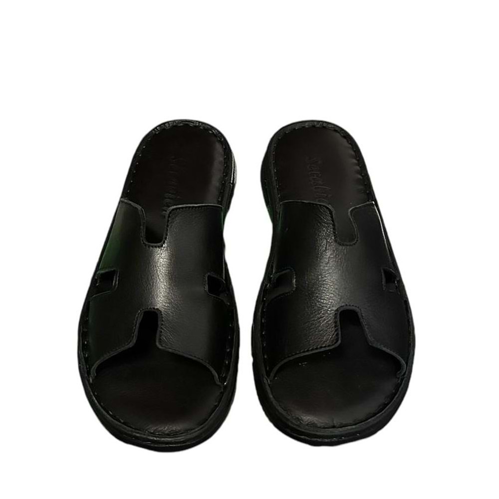Kristal Kr. 92 Anatomik Taban İçi Dışı Hakiki Deri Hermes Erkek Terlik - Siyah - 40