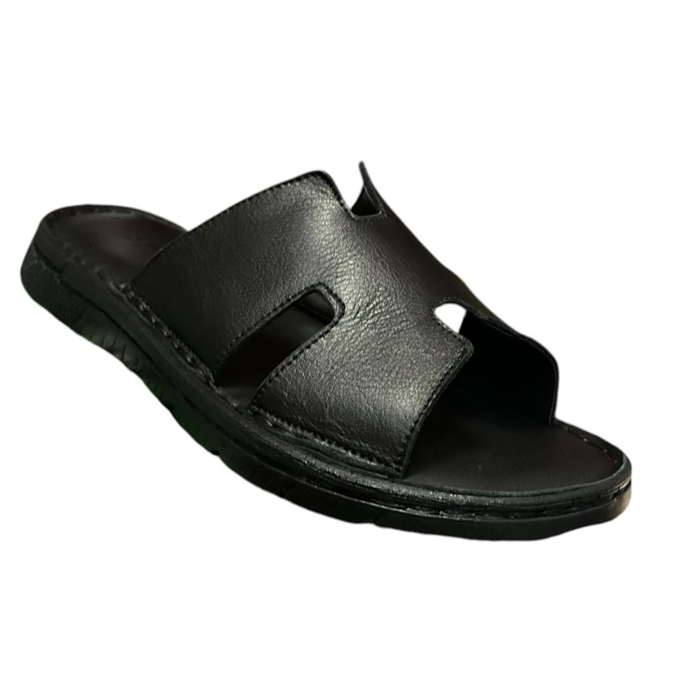 Kristal Kr. 92 Anatomik Taban İçi Dışı Hakiki Deri Hermes Erkek Terlik - Siyah - 40