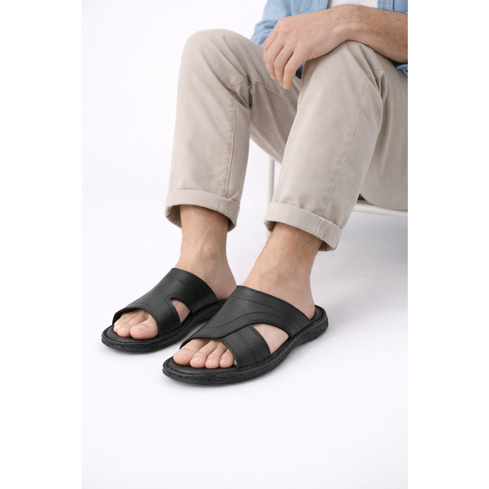 Kristal Kr.98 Anatomik Taban Hakiki Deri Erkek Terlik - Siyah - 40