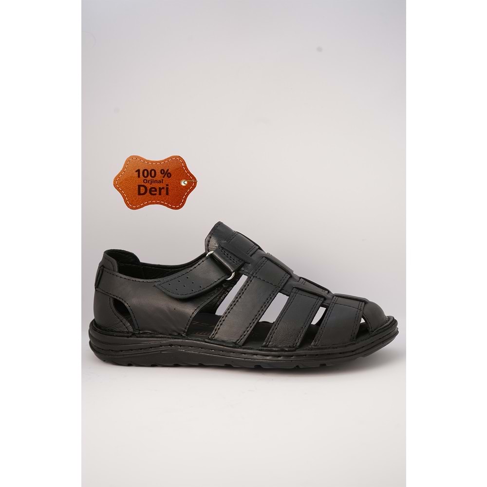 Kristal Kr.100 Anatomik Taban Önü Kapalı Hakiki Deri Erkek Sandalet - Siyah - 40