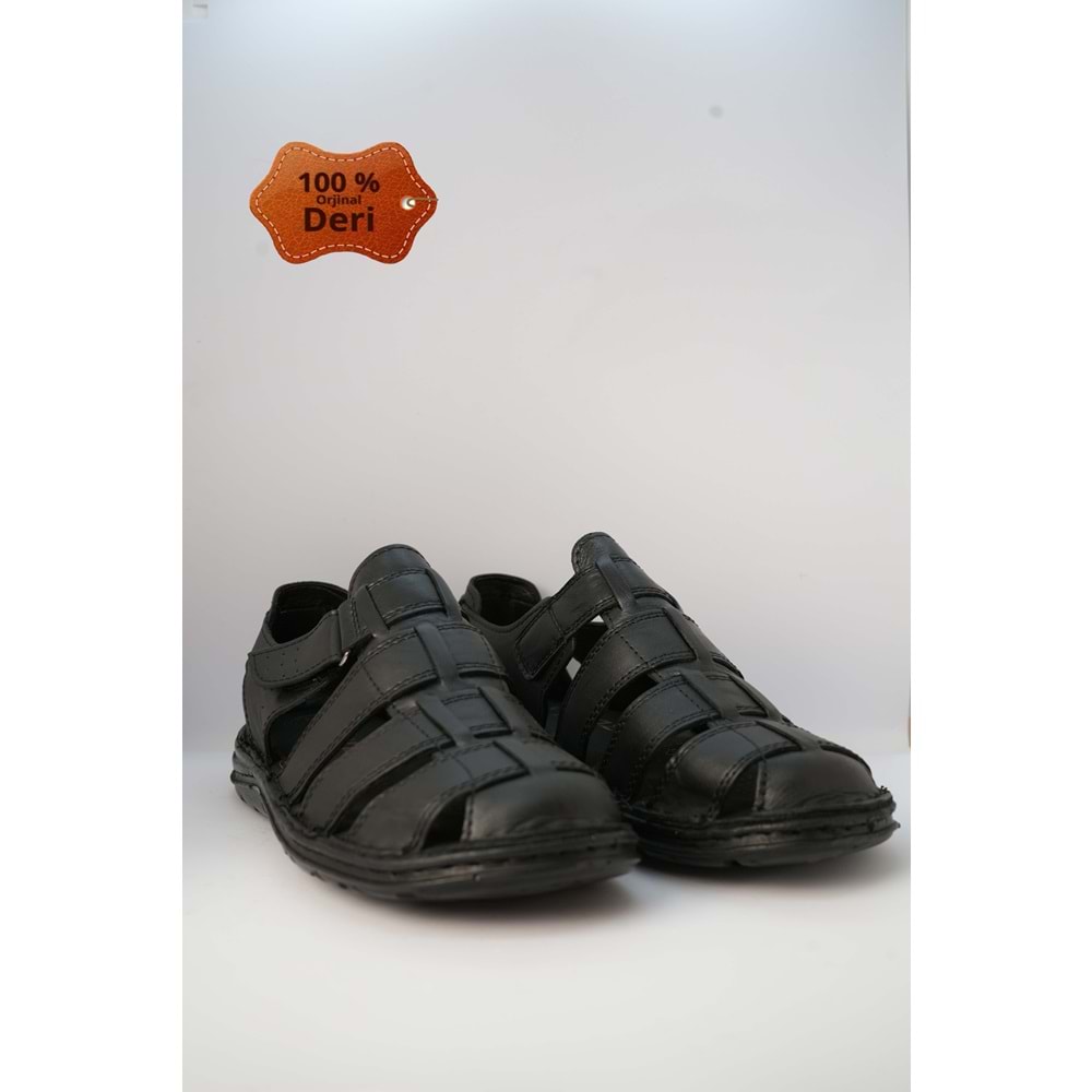 Kristal Kr.100 Anatomik Taban Önü Kapalı Hakiki Deri Erkek Sandalet - Siyah - 40