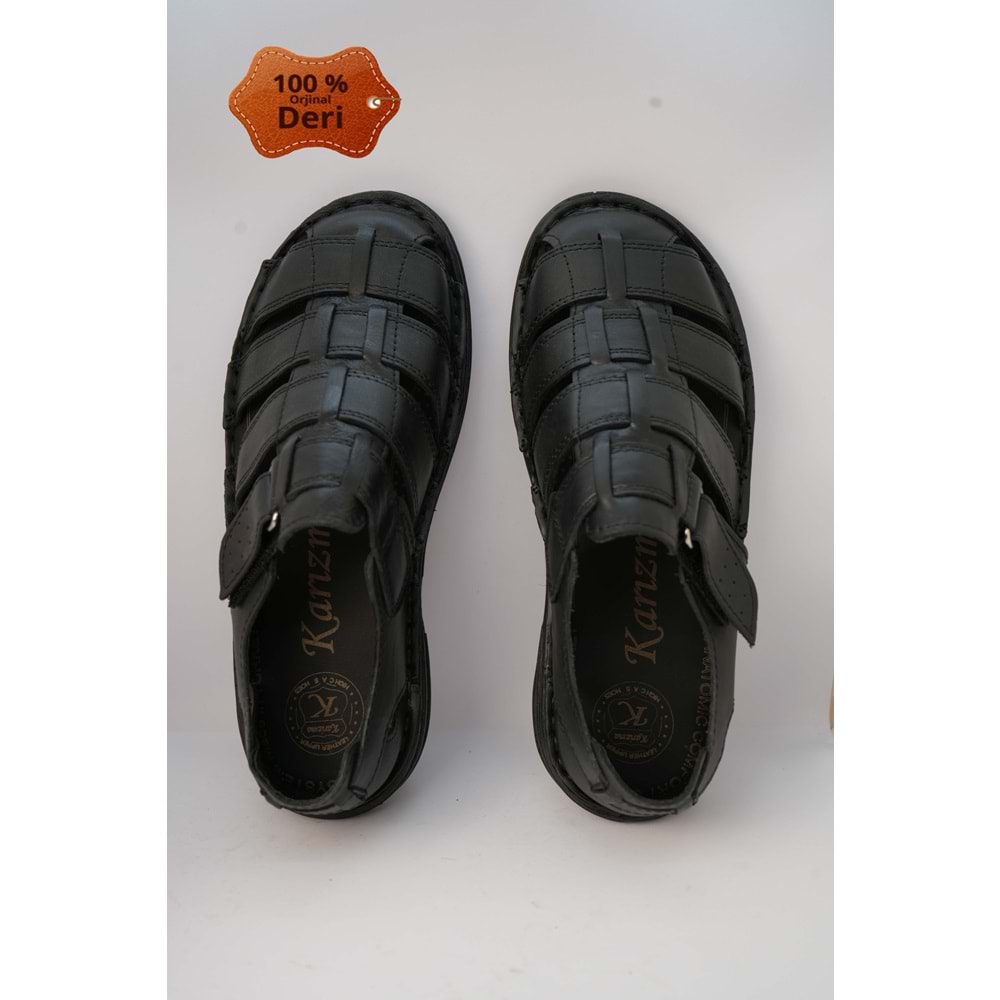 Kristal Kr.100 Anatomik Taban Önü Kapalı Hakiki Deri Erkek Sandalet - Siyah - 40