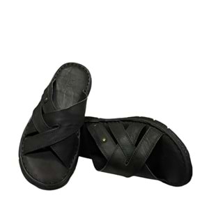 Kristal Kr.91 Anatomik Taban Örgülü İçi Dışı Hakiki Deri Erkek Terlik - Siyah - 41