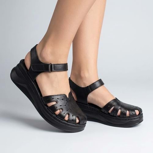 Kristal Kr.38 Anatomik Tabanlı İçi Dışı Hakiki Deri Önü Kapalı Kadın Sandalet - Siyah - 36