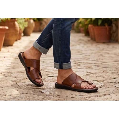 Kristal Kr.334 Tam Ortopedik Hakiki Deri Yumuşak Tabanlı Erkek Terlik - Taba - 41