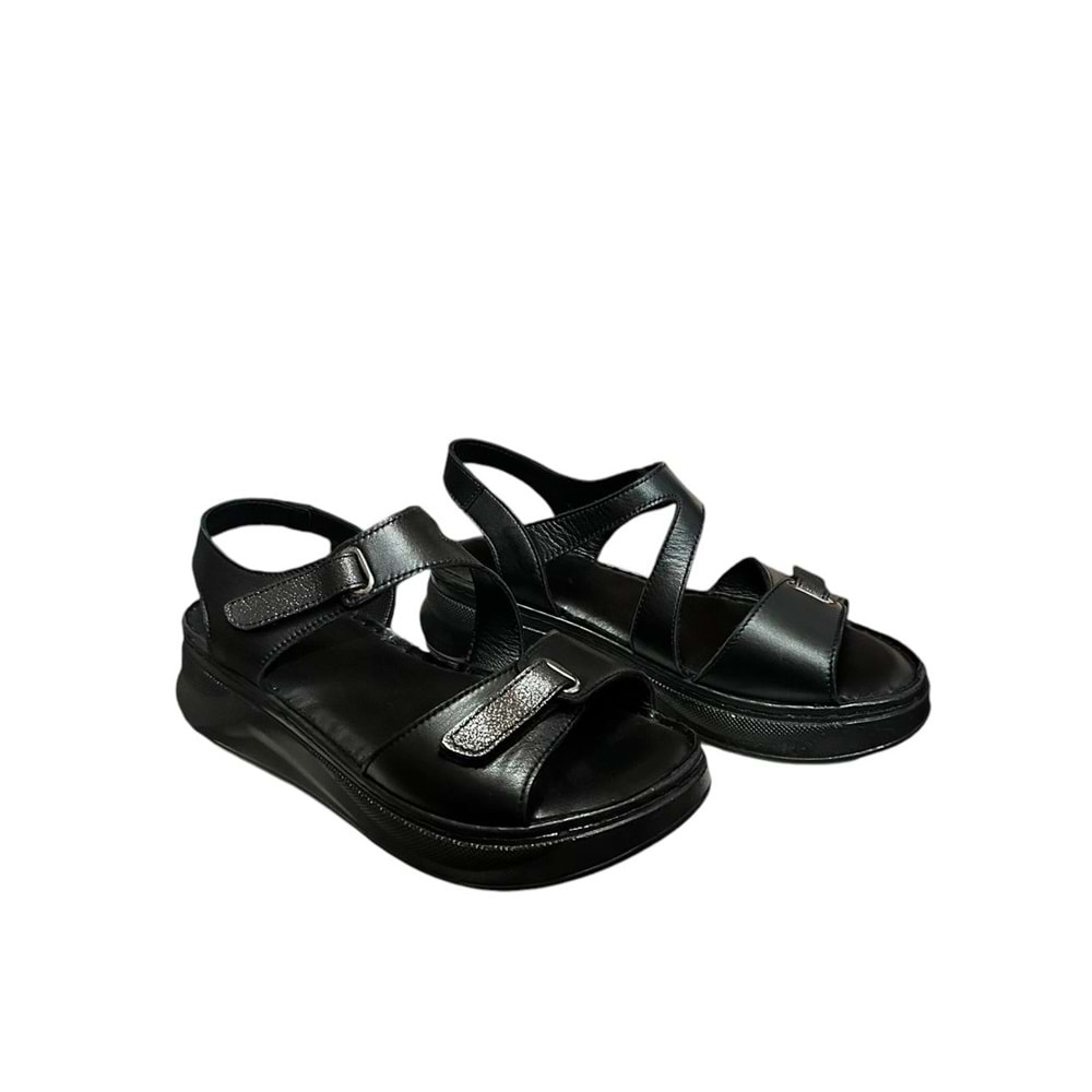 Kristal Kr.35 Anatomik Taban İçi Dışı Hakiki Deri Kalın Tabanlı Kadın Sandalet - Siyah - 37