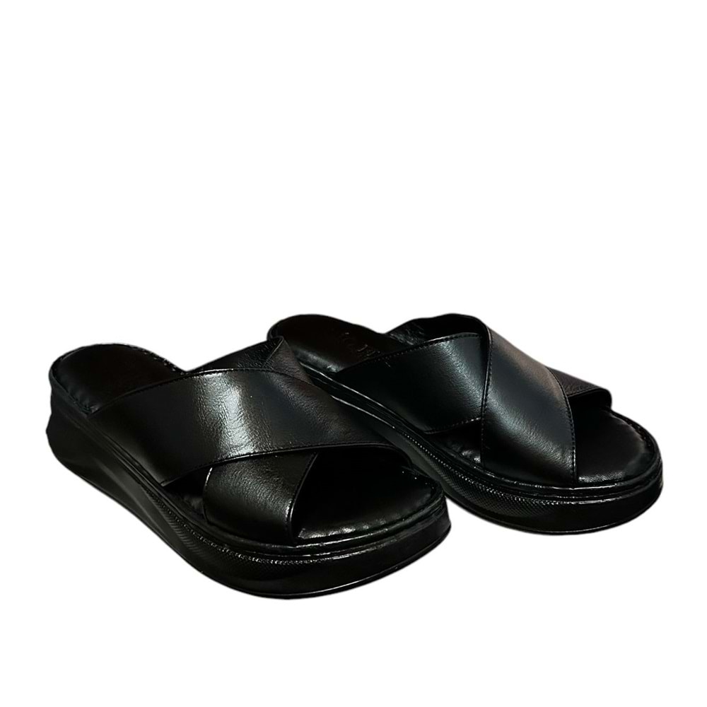 Kristal Kr.44 Anatomik Taban İçi Dışı Hakiki Deri Çapraz Kadın Terlik - Siyah - 37