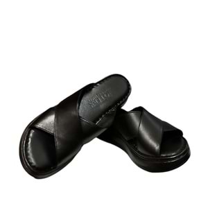 Kristal Kr.44 Anatomik Taban İçi Dışı Hakiki Deri Çapraz Kadın Terlik - Siyah - 37