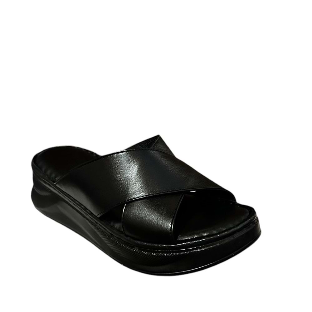 Kristal Kr.44 Anatomik Taban İçi Dışı Hakiki Deri Çapraz Kadın Terlik - Siyah - 37