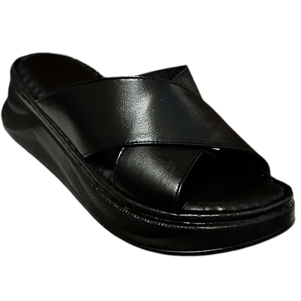 Kristal Kr.44 Anatomik Taban İçi Dışı Hakiki Deri Çapraz Kadın Terlik - Siyah - 37