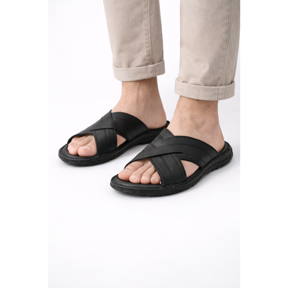 Kristal Kr.97 Anatomik Taban Hakiki Deri Erkek Terlik - Siyah - 40