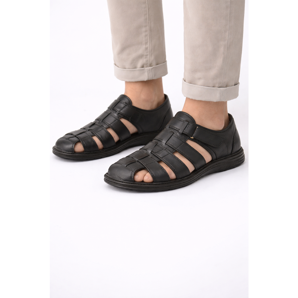 Kristal Kr.100 Anatomik Taban Önü Kapalı Hakiki Deri Erkek Sandalet - Siyah - 40