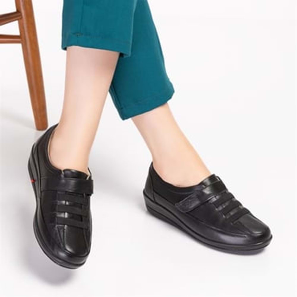 Dia 004 Diyabetik Şeker Hastaları İçin İçi Dışı Hakiki Deri Kadın Ayakkabı - 004 - Siyah - 40