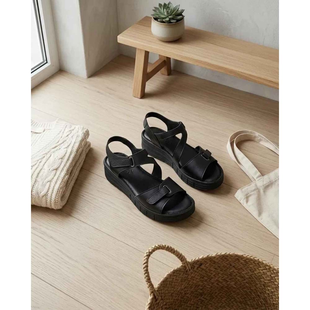 Kristal Bio.56 Tam Ortopedik İçi Dışı Deri Kadın Sandalet - Kristal - Bio.56 - Siyah - 37